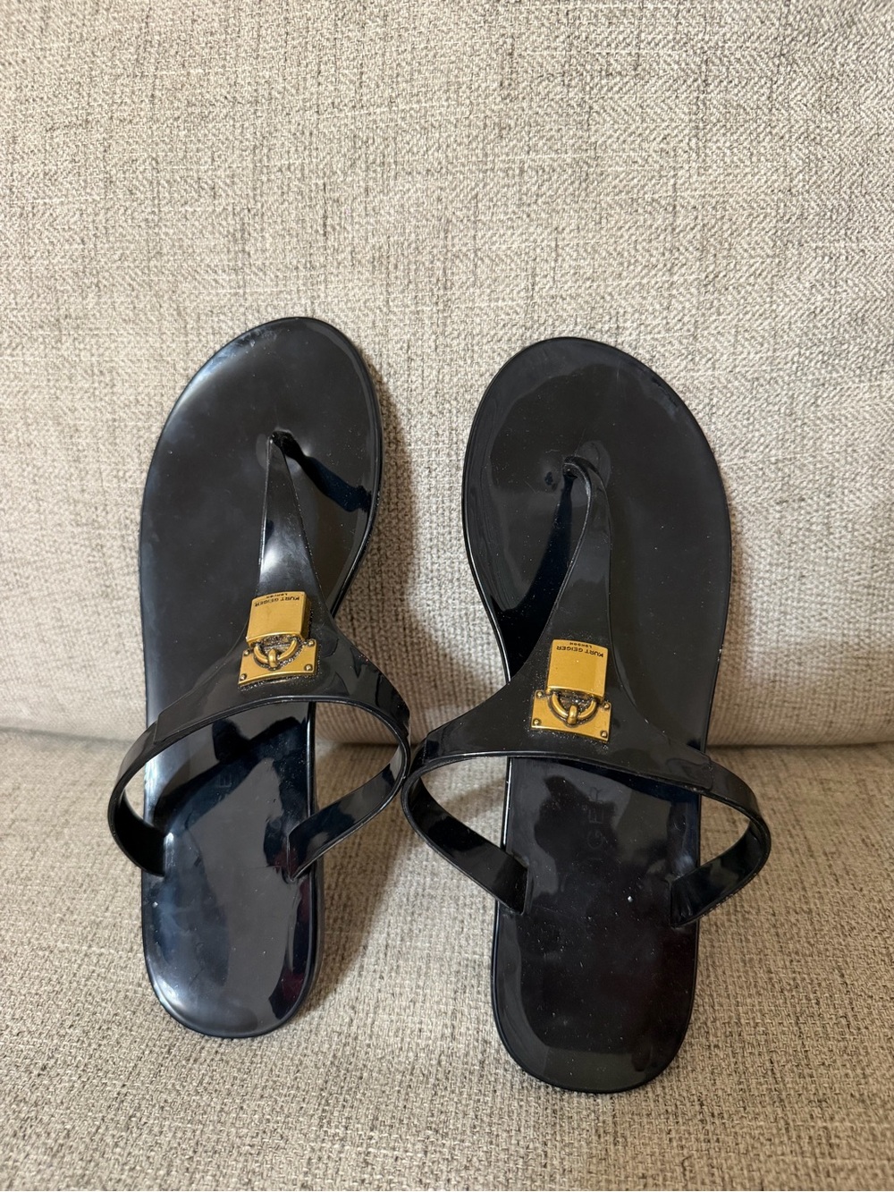 Black Jelly Thong Sandals with Gold Accent - Women